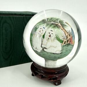VTG Handpainted Crystal Paperweight Maltese Yorkie Terrier Dog Themed Orig.Box